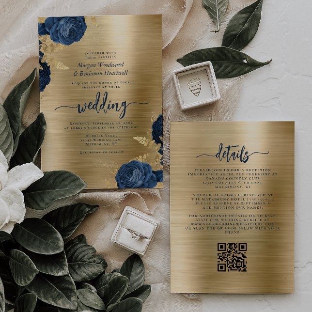 Navy Blue Floral Gold Metallic QR Code Wedding Invitation (Creator Uploaded)