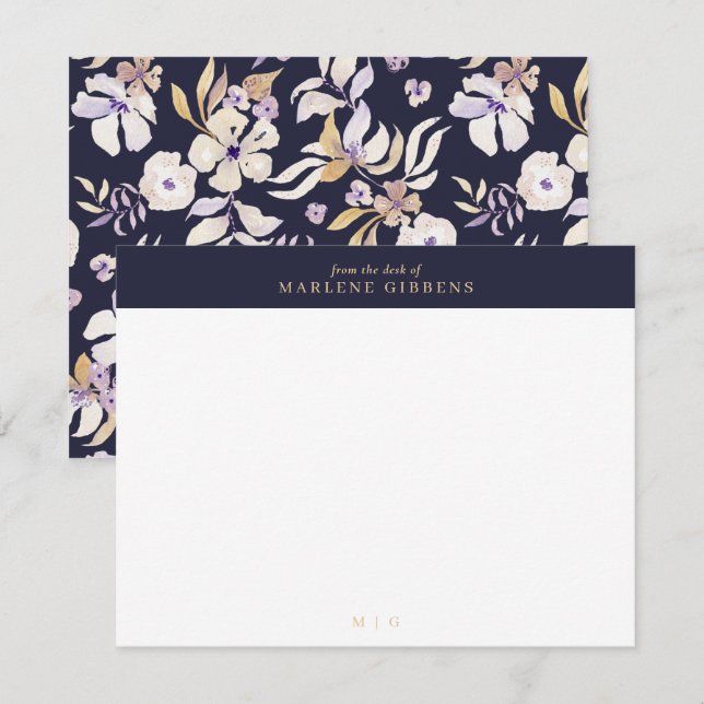 Navy blue floral gold monogram note card (Front/Back)