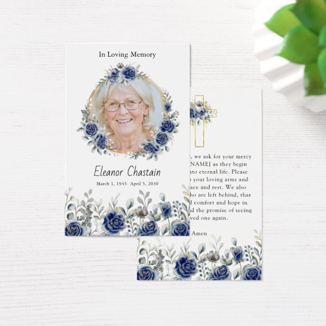 Navy Blue Floral Gold Photo Sympathy Prayer Cards (Desk)