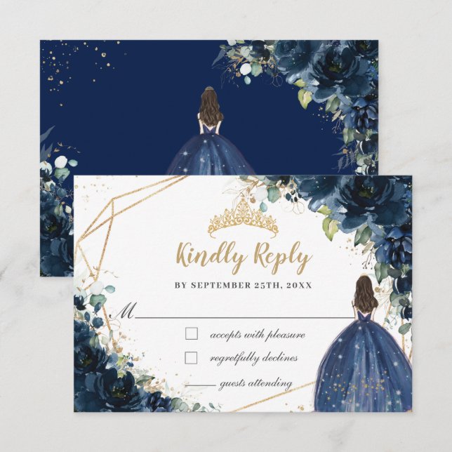 Navy Blue Floral Gold Princess Quinceañera Reply RSVP Card (Front/Back)