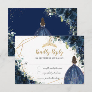 Navy Blue Floral Gold Princess Quinceañera Reply RSVP Card