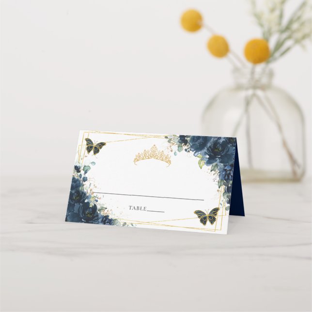 Navy Blue Floral Gold Quinceañera 16th Birthday Place Card (Front)