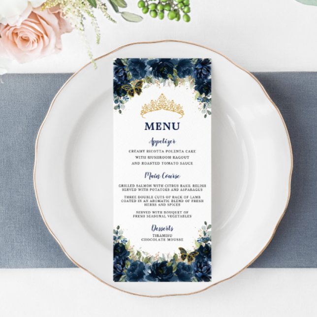 Navy Blue Floral Gold Quinceanera Birthday Menu (Creator Uploaded)
