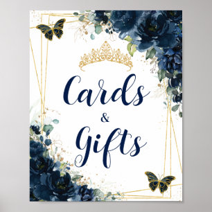Navy Blue Floral Gold Quinceañera Cards and Gifts Poster