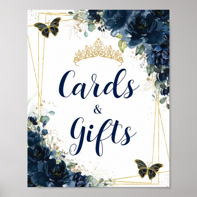Navy Blue Floral Gold Quinceañera Cards and Gifts  Poster (Front)