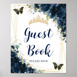 Navy Blue Floral Gold Quinceañera Guest Book Sign