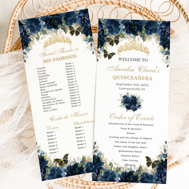 Navy Blue Floral Gold Quinceañera Order of Event Programme (navy-blue-floral-gold-butterflies-quinceanera-sweet-16-birthday-slim-program-order-events-padrinos)