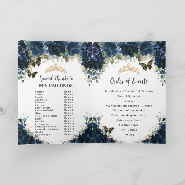 Navy Blue Floral Gold Quinceañera Order of Events Programme (Inside)