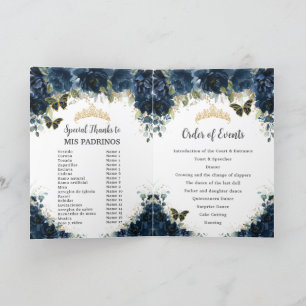 Navy Blue Floral Gold Quinceañera Order of Events Programme