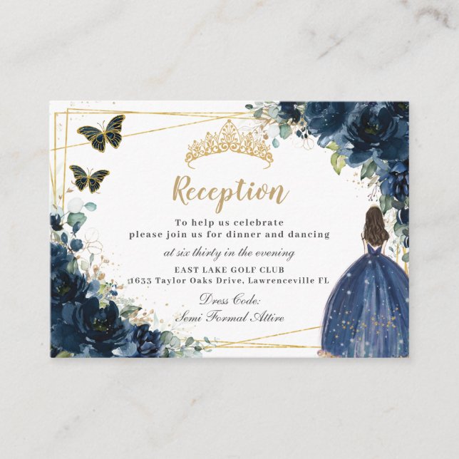 Navy Blue Floral Gold Quinceañera Reception Enclosure Card (Front)