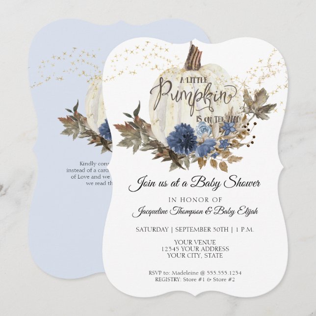 Navy Blue Floral Gold White Pumpkin Baby Shower Invitation (Front/Back)