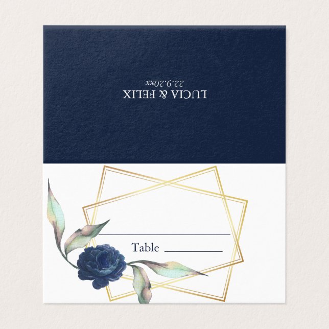 Navy Blue Floral Golden Frame Wedding Place Cards (Outside Unfolded)