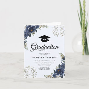 Navy Blue Floral Graduation  Graduation Cap Party  Invitation