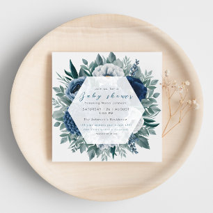Navy blue floral greenery  baby shower invitation 