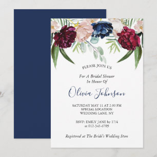 Navy Blue Floral Greenery Bridal Shower Invitation