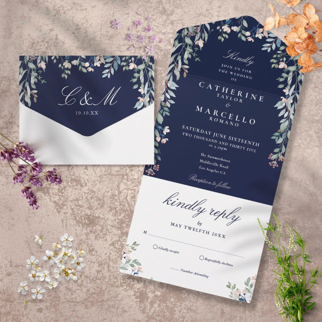 Navy Blue Floral Greenery Cascade Wedding All In One Invitation (Creator Uploaded)