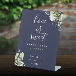 Navy Blue Floral Greenery Love Is Sweet Favor Pedestal Sign