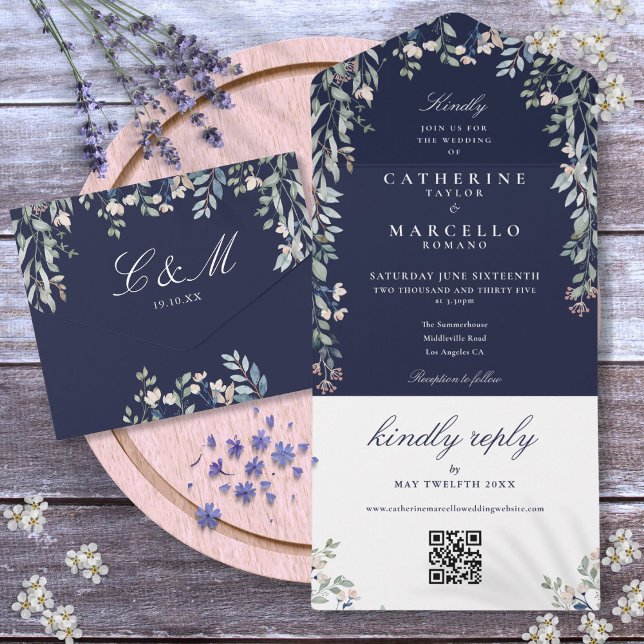 Navy Blue Floral Greenery QR Code Wedding All In One Invitation (Navy Blue Floral Greenery QR Code Wedding All In One Invitation)