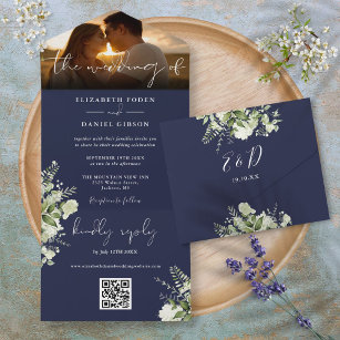 Navy Blue Floral Greenery QR Code Wedding Photo All In One Invitation