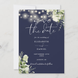 Navy Blue Floral Greenery String Lights Wedding Save The Date