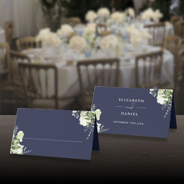 Navy Blue Floral Greenery Wedding Folded Place Card (Navy Blue Floral Greenery Wedding Folded Place Card)