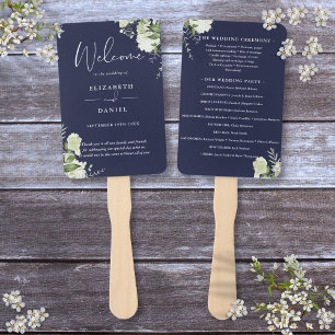 Navy Blue Floral Greenery Wedding Program Hand Fan