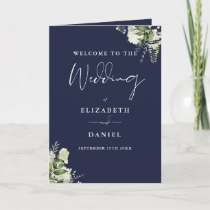 Navy Blue Floral Greenery Wedding Programme