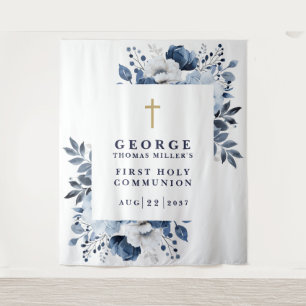 Navy Blue Floral Holy Communion Photo Backdrop Tapestry