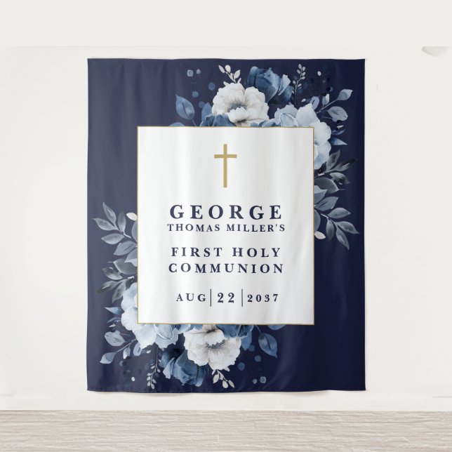 Navy Blue Floral Holy Communion Photo Backdrop Tapestry (Front)