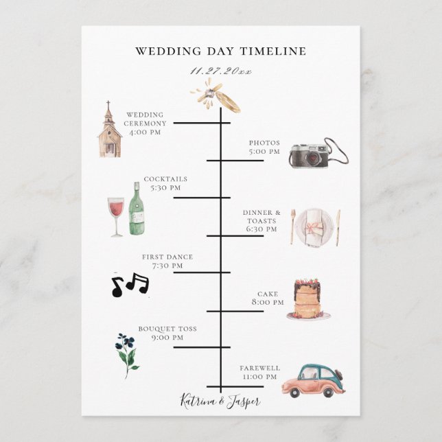 Navy Blue Floral Illustrated Wedding Timeline Programme (Front)