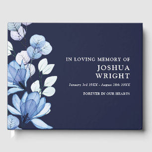 Navy Blue Floral In Loving Memory Funeral Guest Book