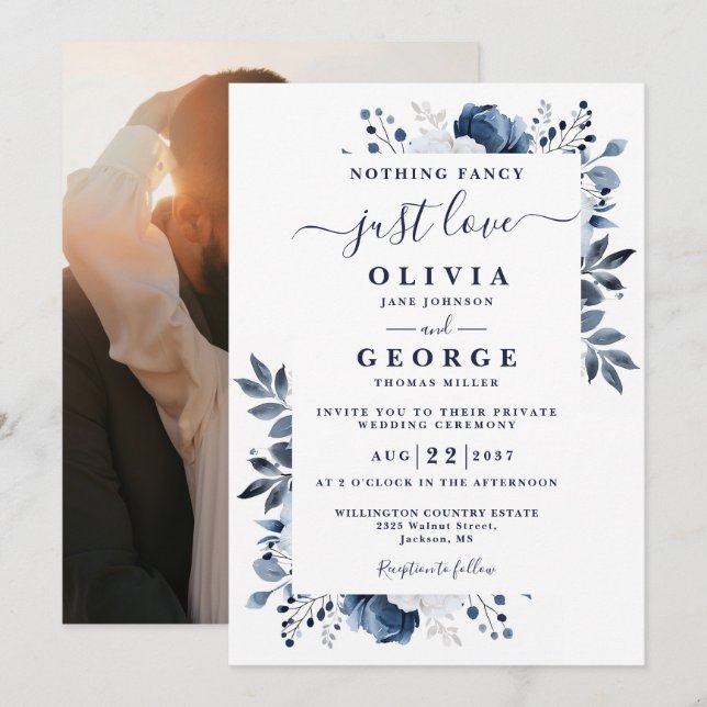 Navy Blue Floral Intimate Private Wedding Photo Invitation (Front/Back)