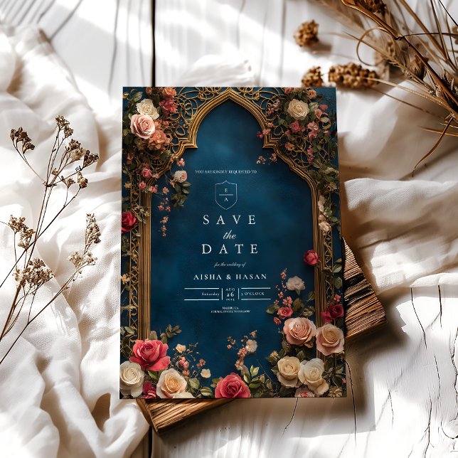 Navy Blue Floral Islamic Wedding Save The Date (Creator Uploaded)