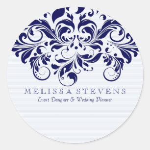 Navy-blue floral lace classic round sticker