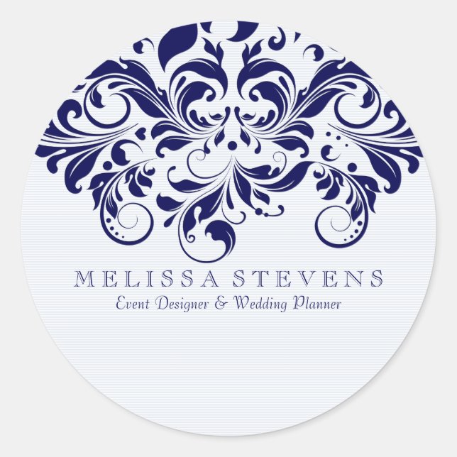 Navy-blue floral lace classic round sticker (Front)