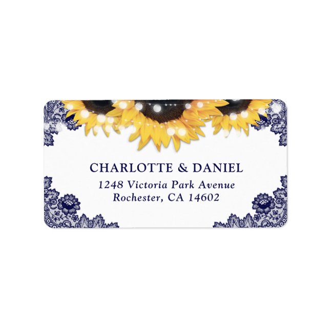 Navy Blue Floral Lace Sunflower Wedding Label (Front)