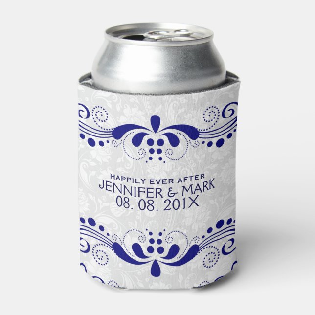 Navy Blue Floral Lace White Damasks Background Can Cooler (Can Front)