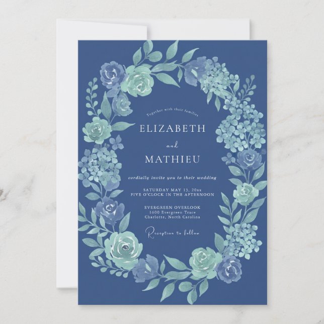 Navy Blue Floral Laurel Wedding Invitation (Front)