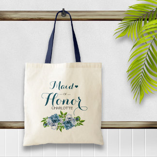 Navy Blue Floral Maid of Honor Tote Bag