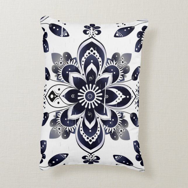 Navy Blue Floral Mandala Tile Lumbar Pillow (Back(Vertical))