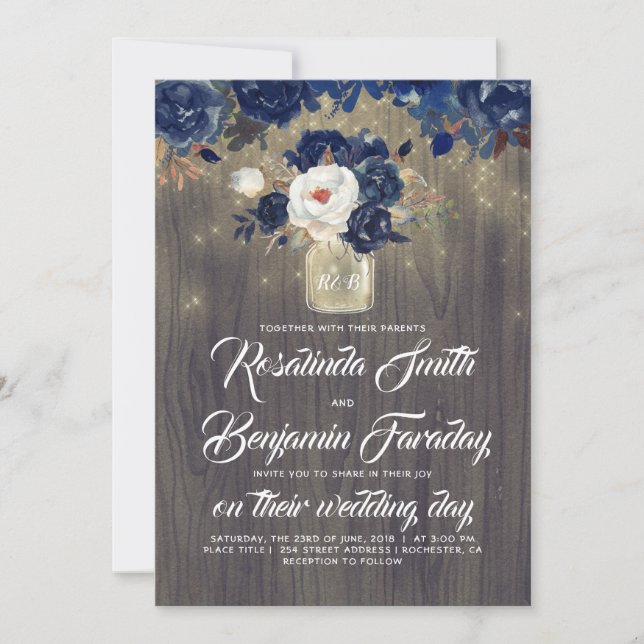Navy Blue Floral Mason Jar Rustic Wedding Invitation (Front)