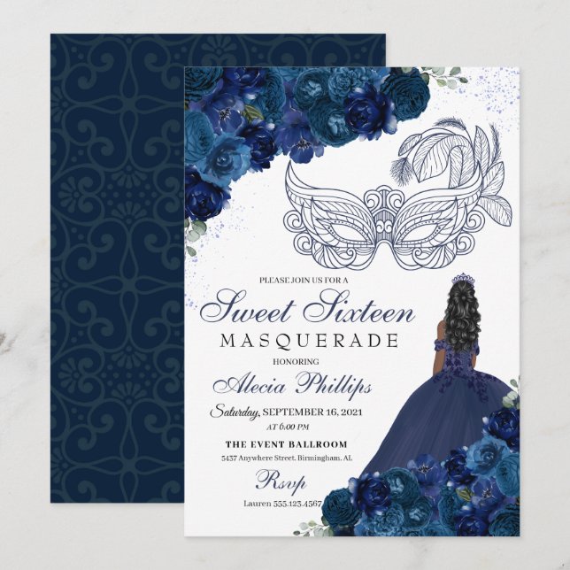 Navy Blue Floral Masquerade Sweet 16 Invitation (Front/Back)