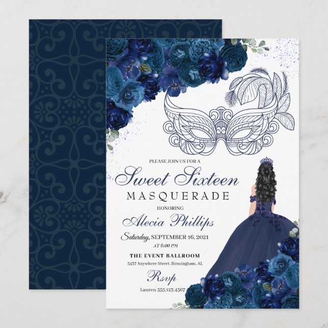 Navy Blue Floral Masquerade Sweet 16 Invitation (Front/Back)