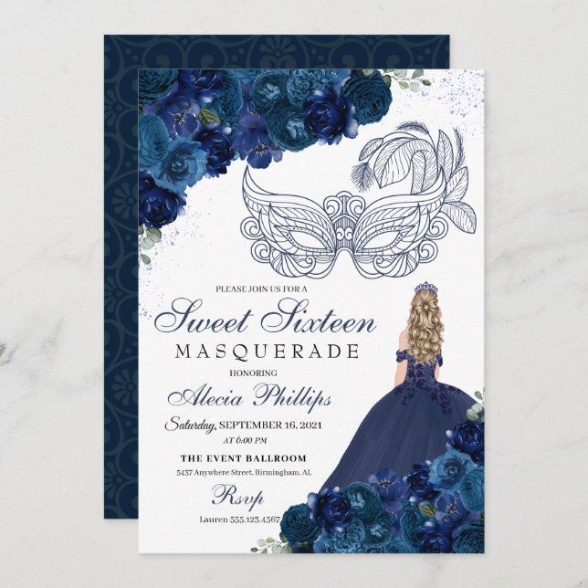 Navy Blue Floral Masquerade Sweet 16 Invitation (Front/Back)