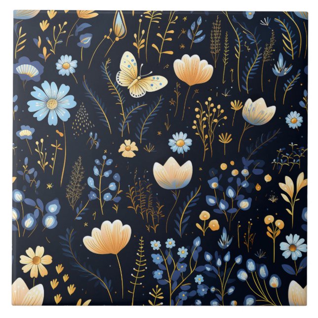 Navy Blue Floral Midnight Blooms Tile (Front)