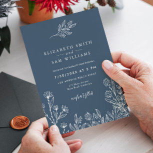 Navy Blue Floral Modern Simple Wedding Invitation