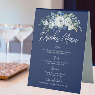 Navy Blue Floral Modern Winter Wedding Drinks Menu