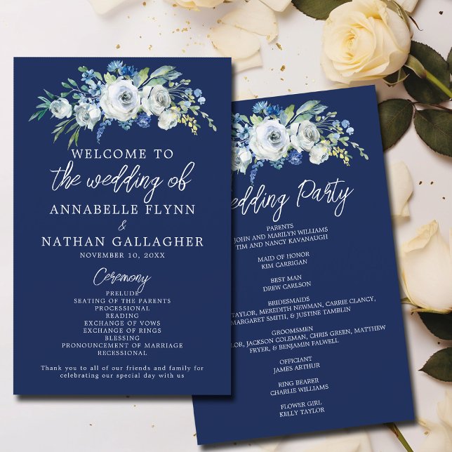 Navy Blue Floral Modern Winter Wedding Program (Creator Uploaded)