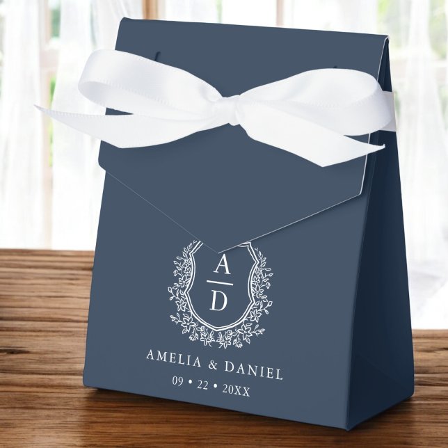 Navy Blue Floral Monogram Wedding Crest Modern Favour Box (Creator Uploaded)