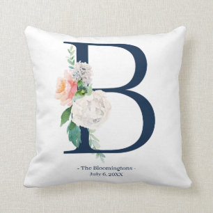 Navy Blue Floral Monogram Wedding Pillow   B